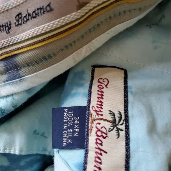 Tommy Bahama Silk navy blue white gray ivory summer dress pants 34 large striped